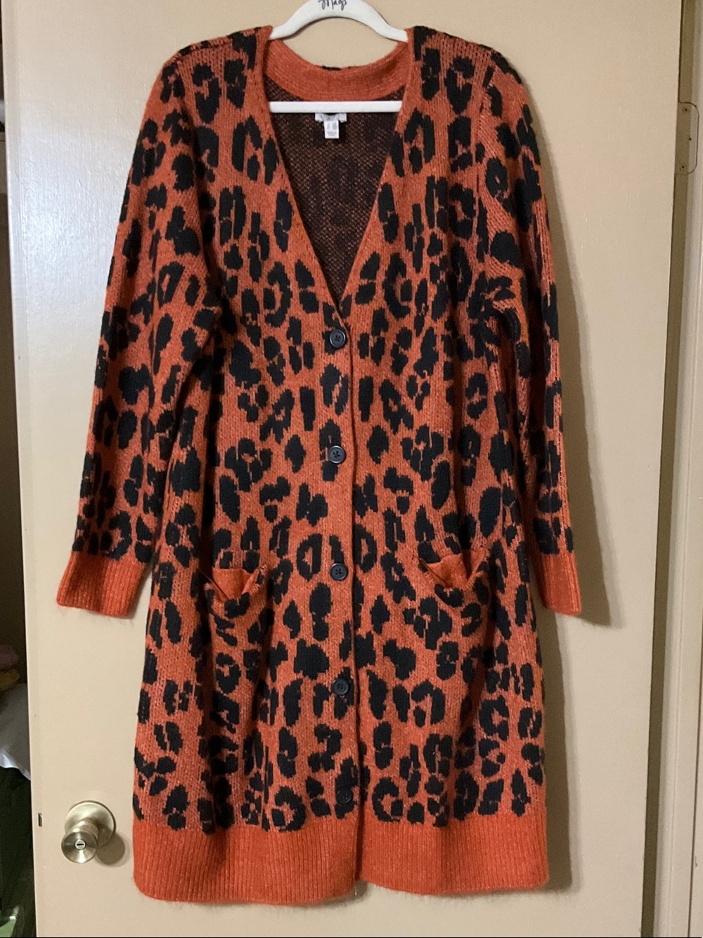 LOGO by Lori Goldstein Orange and Black Leopard-Print Duster Cardigan